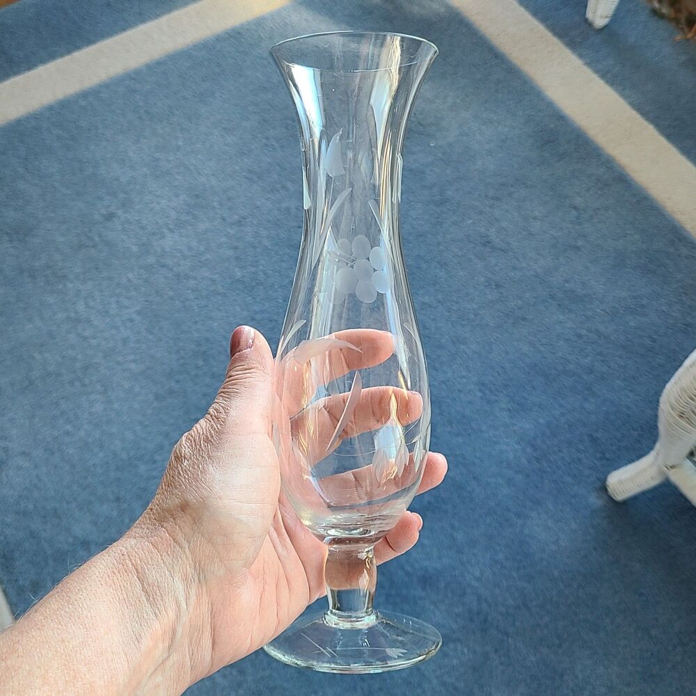 Vintage Etched Footed Pedestal Bud Vase Floral Etching Flared Top Very Elegant
